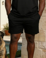 Black Linear Geometric Print Polo Shirt Shorts Set Large Size Men