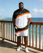 Large Size Men's Irregular Geometric Stitching Chest "king" Printed Short Sleeve T-shirt Shorts Set