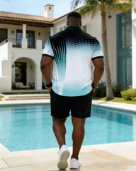Large Size Men's Linear Gradient Geometric Business Polo Shirt Short Sleeve Shorts Set
