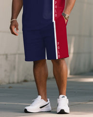 Men's Large Size Color Contrast Simple Short Sleeve Shorts Set