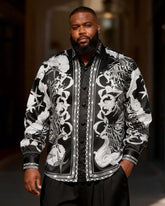 Big & Tall Men's Black & White Sea Life Totem Print Long Sleeve Shirt