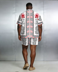 Men's Large Size Symmetrical Print Short Sleeve Shirt And Shorts Set