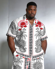Men's Large Size Symmetrical Print Short Sleeve Shirt And Shorts Set