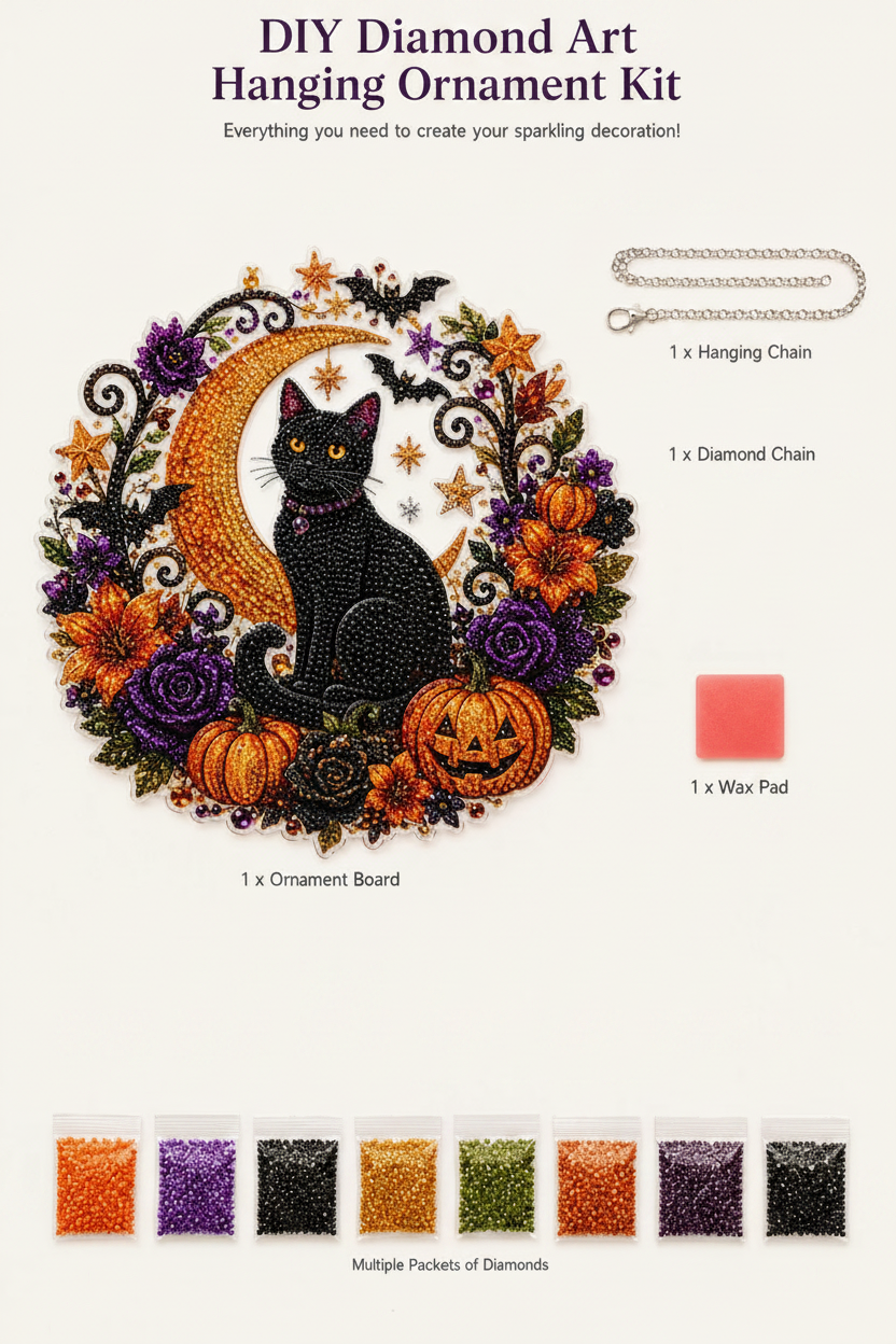 🔥Halloween Early Bird Sale🎃Halloween Black Cat Moon Diamond Art Hanging Ornament Kit