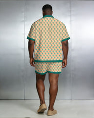 Men's Large Size Geometric Contrast Short Sleeve Shirt Shorts Set