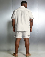 Men's Large Size White Simple Short-Sleeved Shirt And Shorts Set