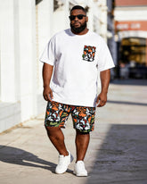 Big & Tall Men’s Cartoon Tiger Head Printed Crew Neck Short-Sleeve T-Shirt And Shorts Set