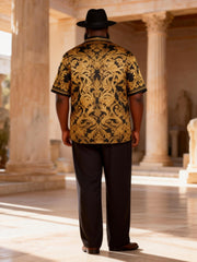 Big & Tall Men's Black And Gold Baroque Print Short Sleeve Shirt Pants Set