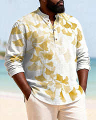 Big & Tall Men's Ginkgo Biloba Printed Henry Collar Long Sleeve Shirt