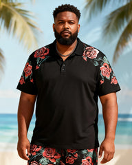 Big & Tall Men's Black Rose Floral Print Short Sleeve Polo Shirt