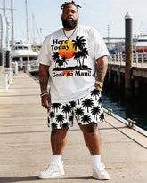 Big & Tall Men's Hawaiian Coconut Tree Sunset Print Round Neck Short Sleeve T-Shirt Shorts Set