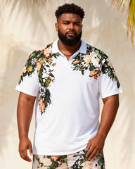 Big & Tall Men's White Bottom Rose Floral Print Short Sleeve Polo Shirt