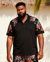 Big & Tall Men's Black Rose Floral Print Short Sleeve Polo Shirt