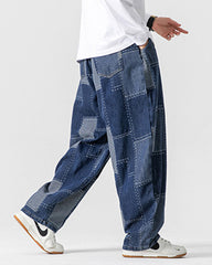 Men's Plus Size Japanese Vintage Patch Jacquard Jeans