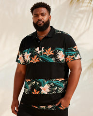 Big & Tall Men's Black Tropical Floral Patchwork Printed Short Sleeve Polo Shirt
