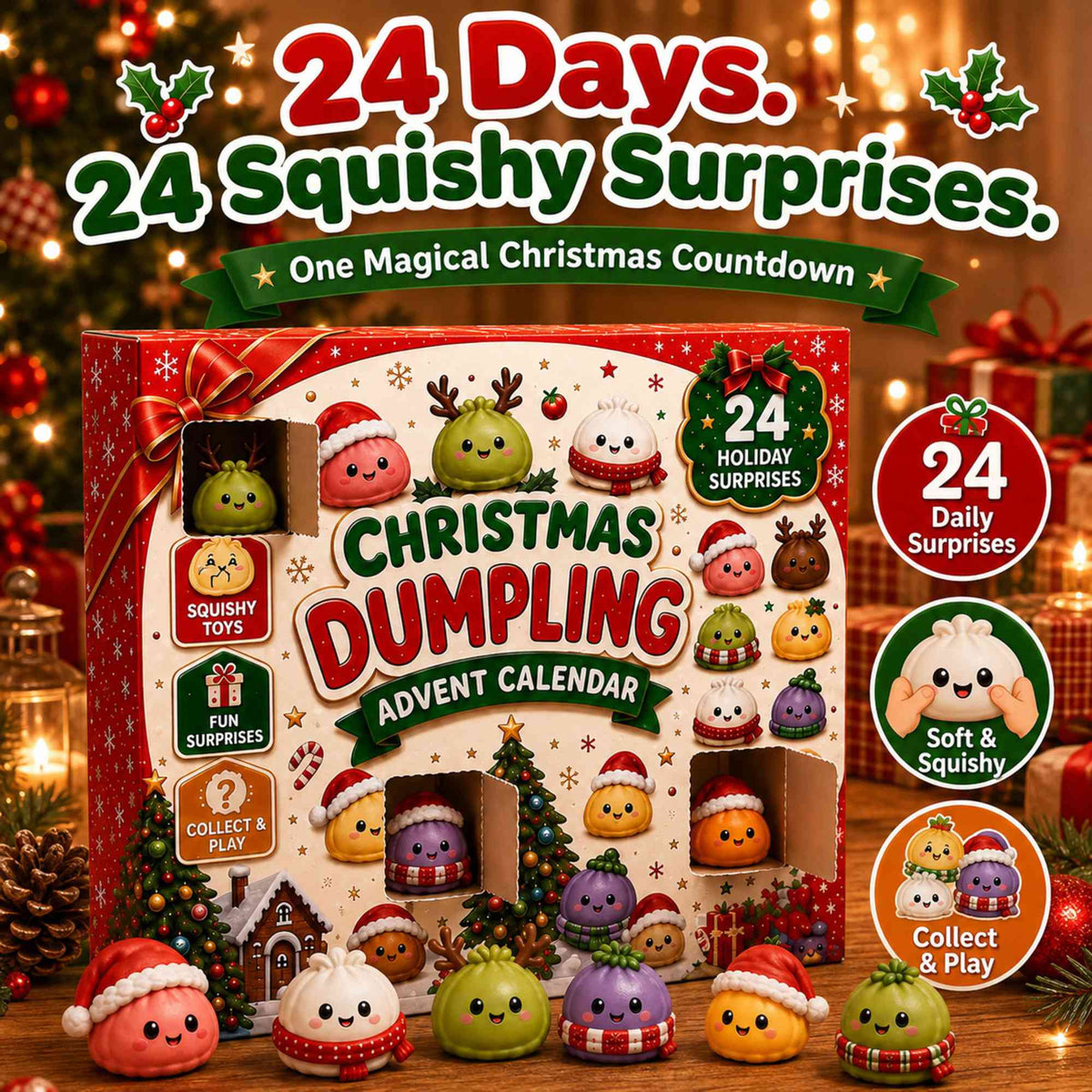 2026 Christmas Advent Calendar, 24 Days Mini Squishy Toys, Kawaii Dumpling Surprise Countdown Design, Christmas Gift for Girls/Boys - JOYMEMENTO