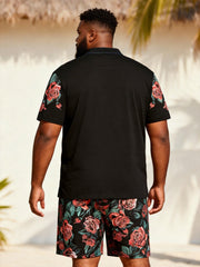 Big & Tall Men's Black Rose Floral Print Short Sleeve Polo Shirt
