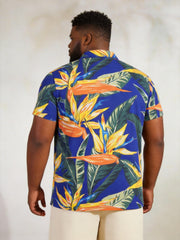 Big & Tall Men's Blue Bird Of Paradise Floral Print Short Sleeve Polo Shirt