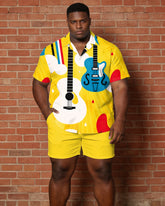 Big & Tall Men's Music Pattern Printed Yellow Short Sleeve Shirt Shorts Set