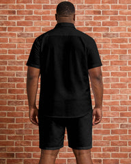 Big & Tall Men's Music Black Patchwork White Printed Short Sleeve Shirt Shorts Set