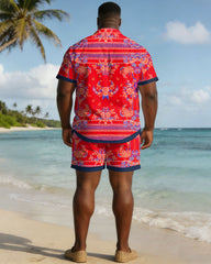 Men's Large Size Red Paisley Short Sleeve Shirt Shorts Set