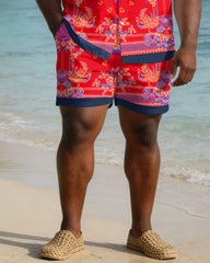 Men's Large Size Red Paisley Short Sleeve Shirt Shorts Set