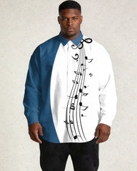 Large Size Men's, Music Blue, White Irregular Stitching Long Sleeve Lapel Shirt