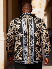 Big & Tall Men's Black Blue And Gold Greek Floral-Print Long Sleeve Shirt