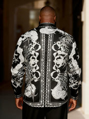 Big & Tall Men's Black & White Sea Life Totem Print Long Sleeve Shirt