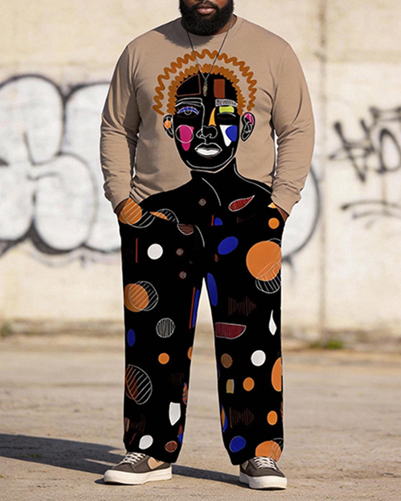 Big & Tall Men's African Art Figure Print Long Sleeve T-Shirt Pants Set