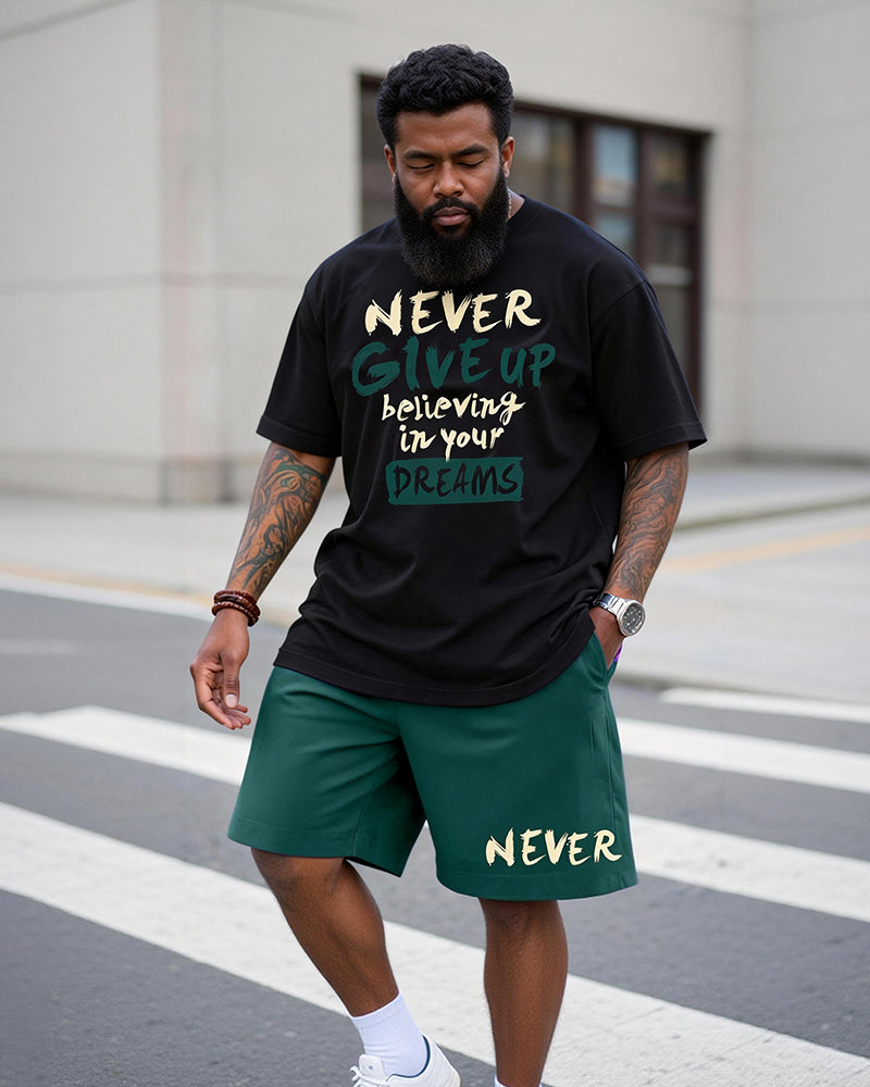 Big & Tall Men's "never Give Up" Inspirational Printed Crew Neck Short Sleeve T-shirt Shorts Set