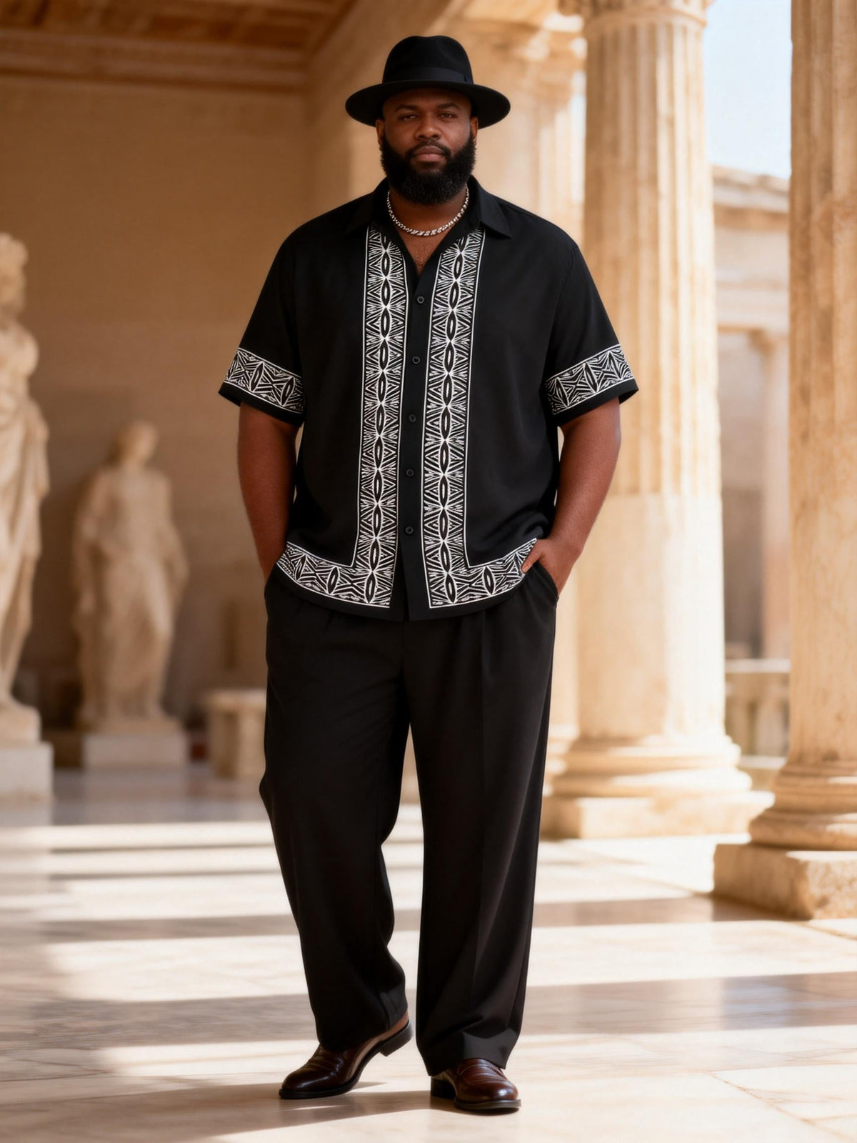 Big & Tall Men's Black Totem Print Short Sleeve Shirt Pants Set