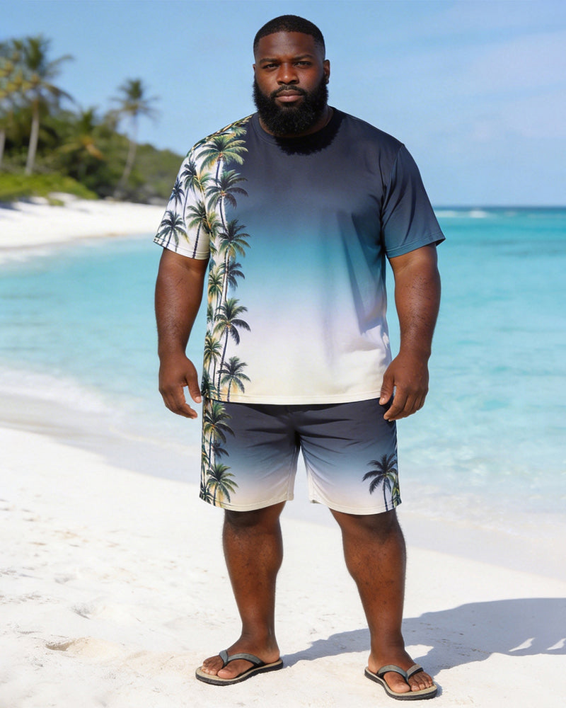 Big & Tall Men's Blue And White Coconut Grove Gradient Print Crewneck Short Sleeve T-Shirt Shorts Set