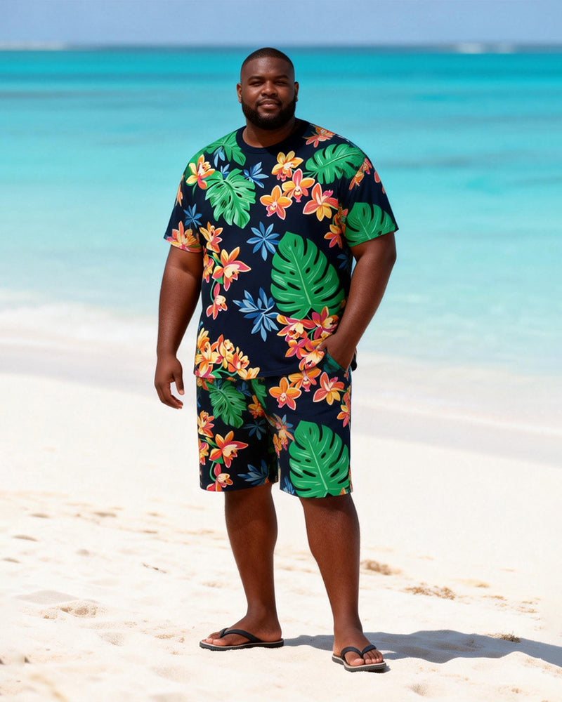 Big & Tall Men's Tropical Floral Tortoise Leaf Printed Round Neck Short Sleeve T-Shirt Shorts Set