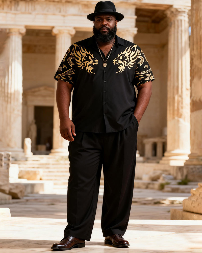 Big & Tall Men's Black Gold Double Lion Flame Print Short Sleeve Shirt Pants Set
