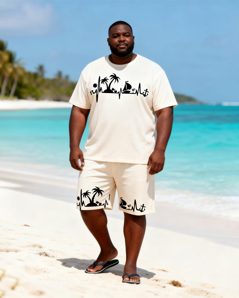 Big & Tall Men's White Beach ECG Printed Crewneck Short Sleeve T-Shirt Shorts Set