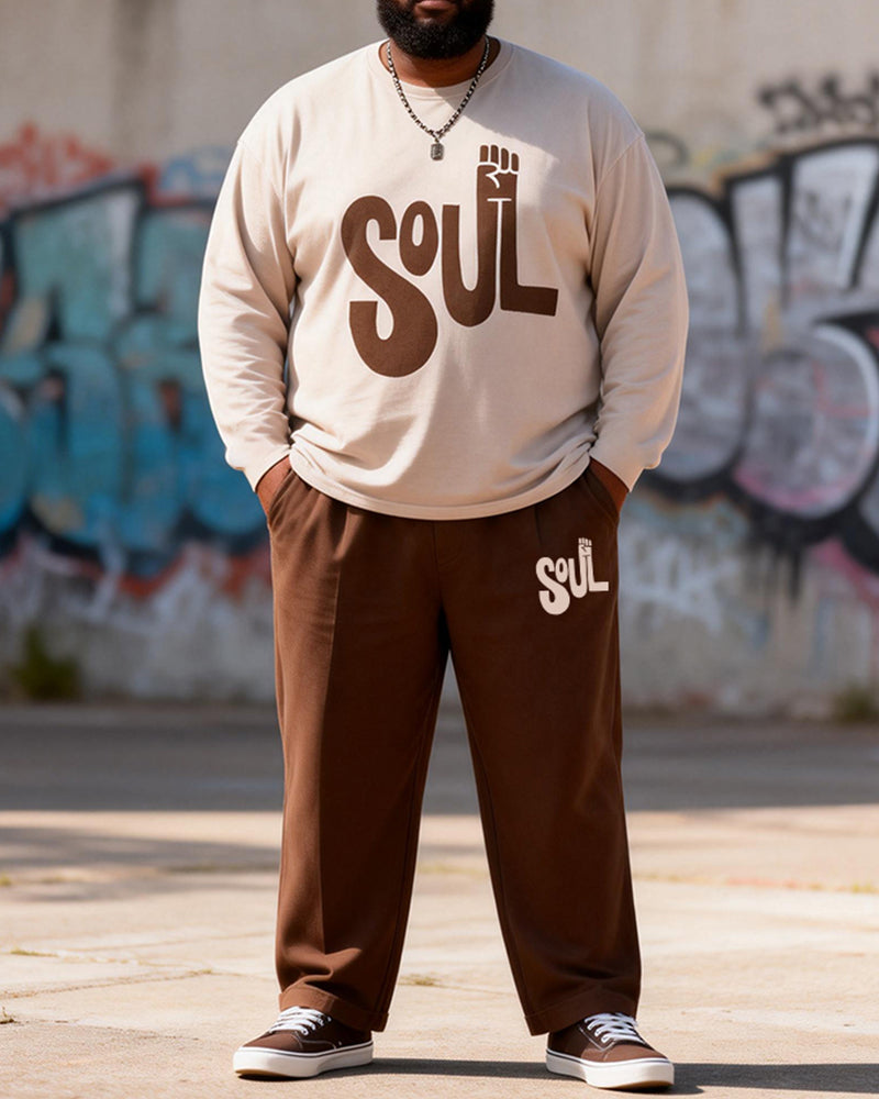 Big & Tall Men's Curry SOUL Letter Print Long Sleeve T-Shirt Pants Set