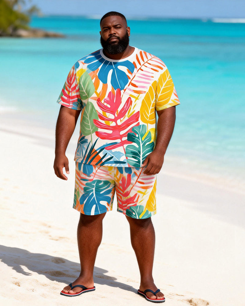 Big & Tall Men's Watercolor Tropical Plant Print Round Neck Short Sleeve T-Shirt Shorts Set