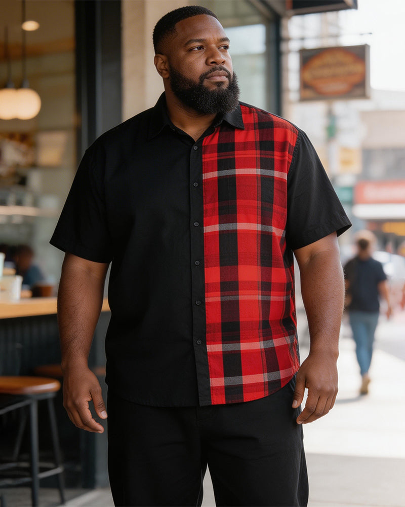 Big & Tall Men's Black And Red Check Stitching Printed Short-sleeved Shirt
