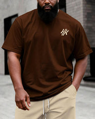 Big & Tall Men's Dark Brown Letter Print Round Neck Short Sleeve T-Shirt Shorts Set