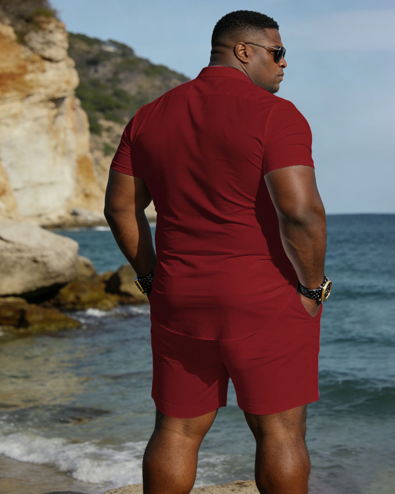 Big & Tall Men's Spring And Summer New Leisure Vacation Red Retro Geometric Pattern Short Sleeve Shirt Shorts Set