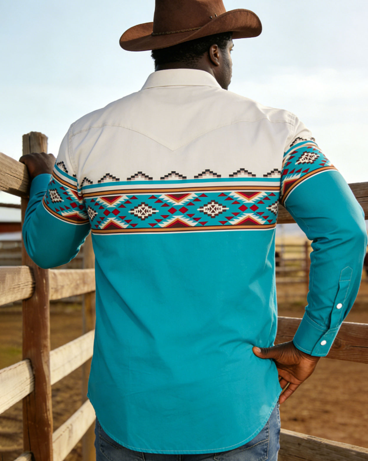 Big & Tall Men's Western Denim Ethnic Print Long Sleeve Shirt