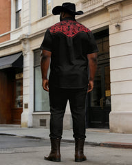 Big & Tall Men's Western Denim Positioning Printed Short-sleeved Shirt Pants Set