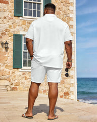Large Size Men's Spring And Summer Casual Vacation Business Party White Music Guitar Pattern Short Sleeve POLO Shirt Shorts Set