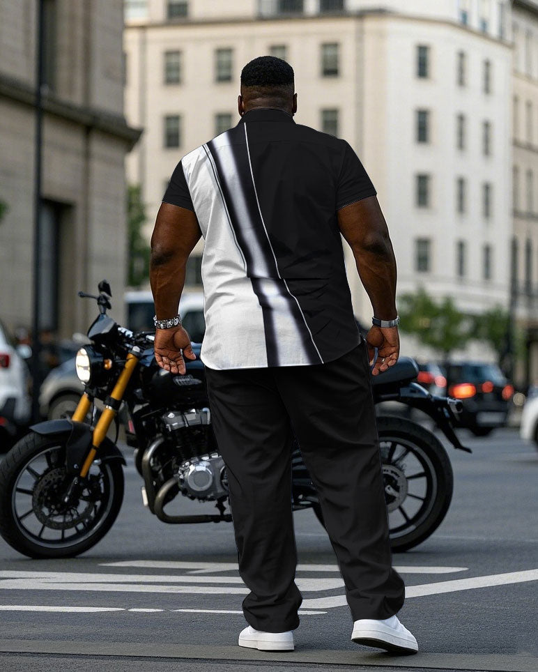 Big & Tall Men's Black & White Irregular Contrast Comfortable Short Sleeve Shirt Pants Set