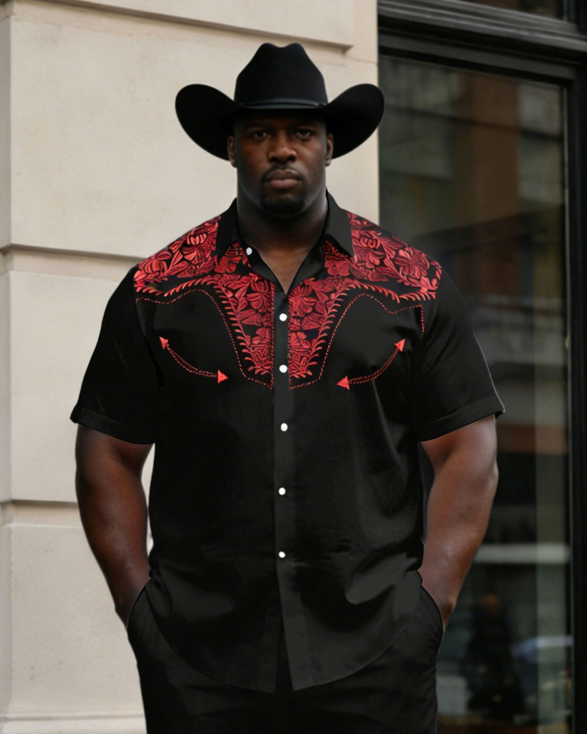 Big & Tall Men's Western Denim Positioning Printed Short-sleeved Shirt Pants Set