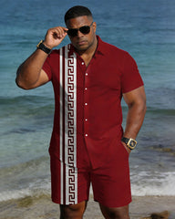 Big & Tall Men's Spring And Summer New Leisure Vacation Red Retro Geometric Pattern Short Sleeve Shirt Shorts Set