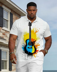 Large Size Men's Spring And Summer Casual Vacation Business Party White Music Guitar Pattern Short Sleeve POLO Shirt Shorts Set