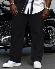 Big & Tall Men's Black & White Irregular Contrast Comfortable Short Sleeve Shirt Pants Set