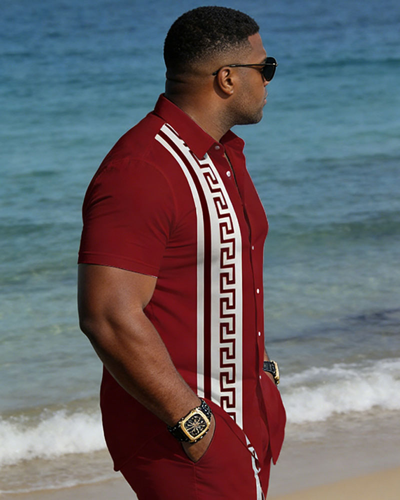 Big & Tall Men's Spring And Summer New Leisure Vacation Red Retro Geometric Pattern Short Sleeve Shirt Shorts Set